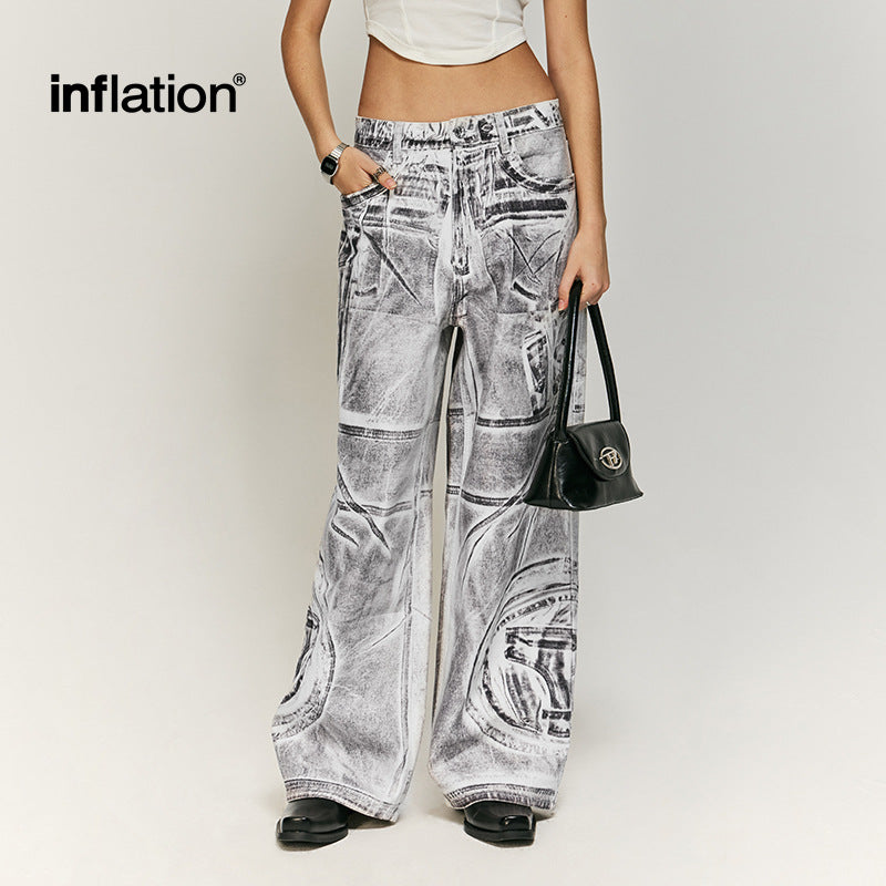 INFLATION Stitching brush color digital print American street loose wide-leg jeans