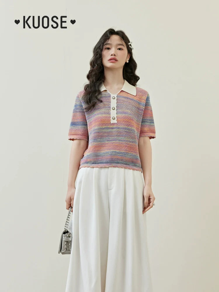 Kuose Rainbow Striped Shirt Knitted Tee