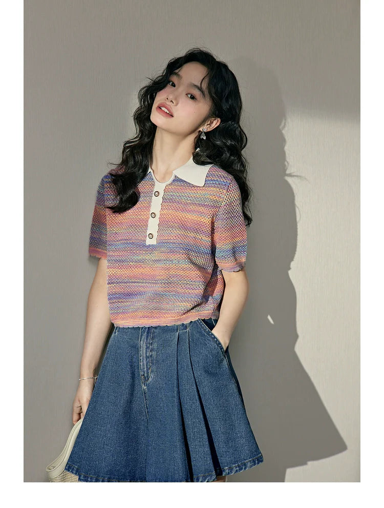 Kuose Rainbow Striped Shirt Knitted Tee