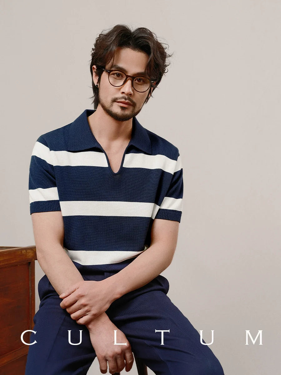 CULTUM Buckle-free Lapel Striped Slim-fit Knitted Short-sleeved Polo Shirt