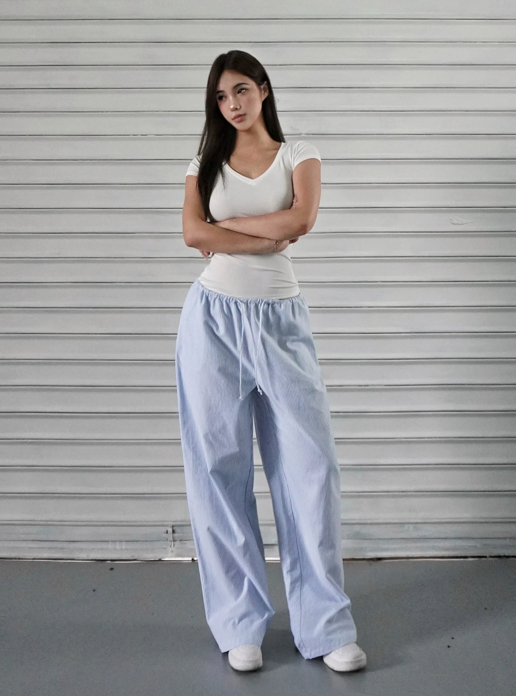 Jim Kennet Blue and White Striped Wide Leg Drawstring Pants