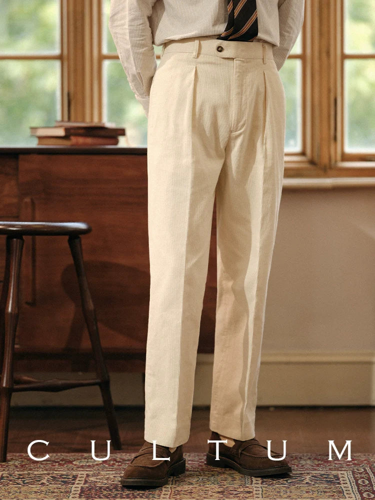 CULTUM Corduroy Vintage Straight High Waist Single Pleated Trousers