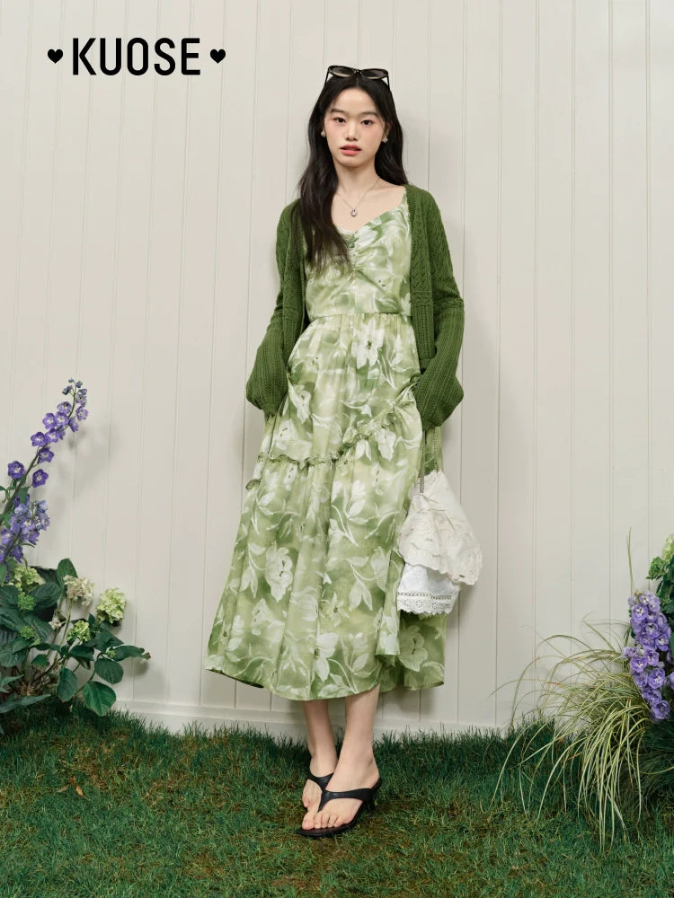 Kuose Floral Sleeveless Suspender Dress Cardigan Two-piece Set