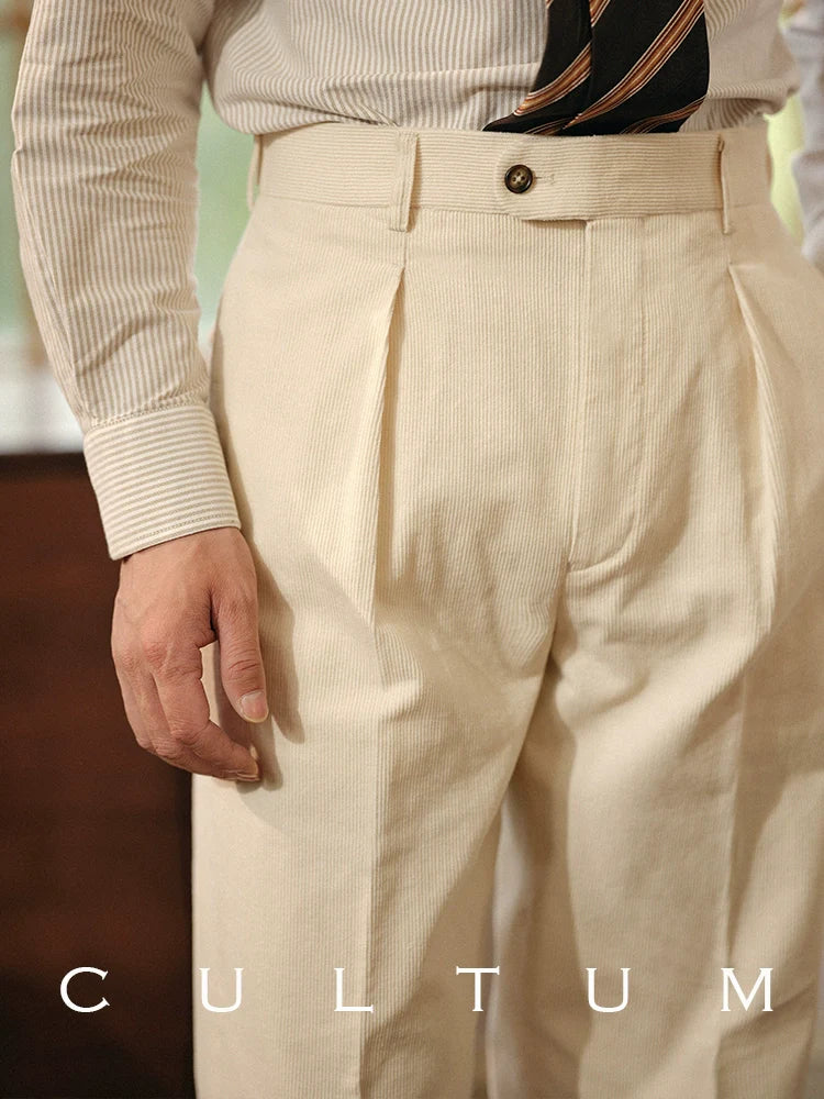 CULTUM Corduroy Vintage Straight High Waist Single Pleated Trousers