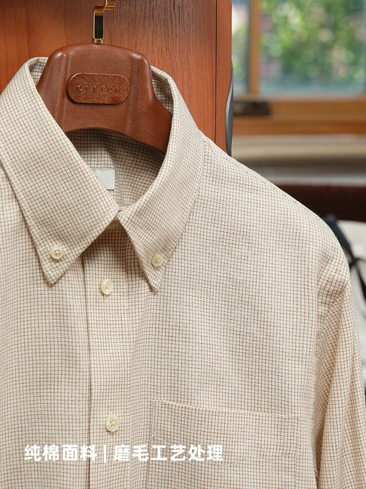CULTUM Cotton Plaid Button-Neck Long Sleeve Shirt