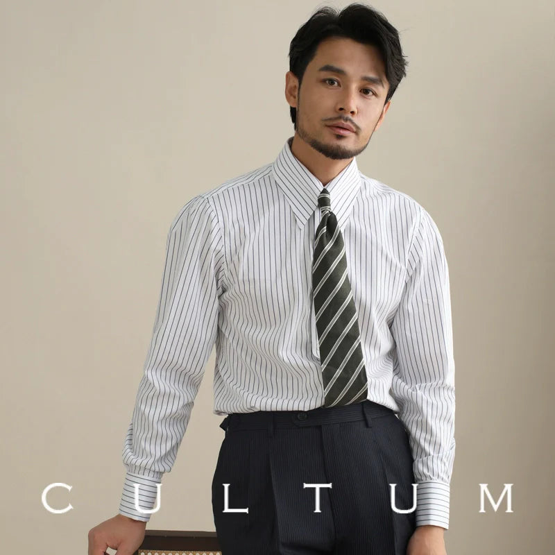 CULTUM Long Pointed Neck Blue Striped Shirt