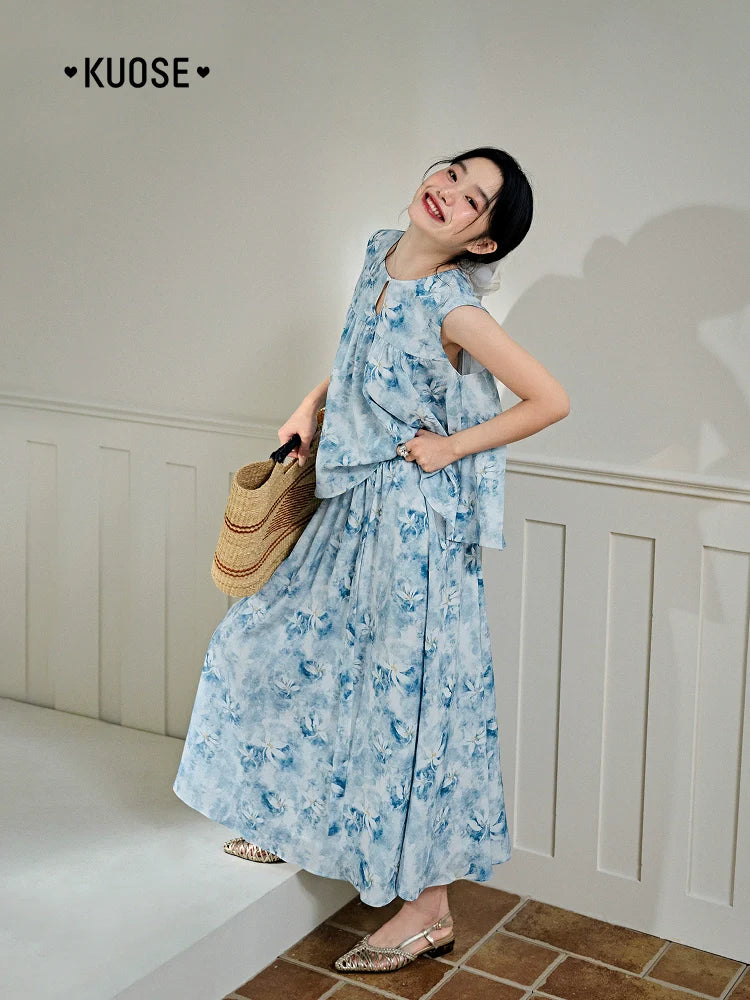 Kuose Floral Sleeveless Vest Top Skirt Two-piece Set