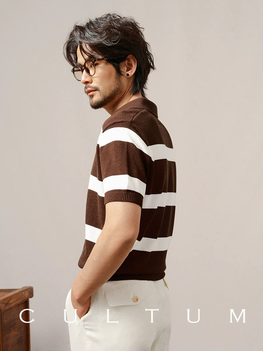 CULTUM Buckle-free Lapel Striped Slim-fit Knitted Short-sleeved Polo Shirt