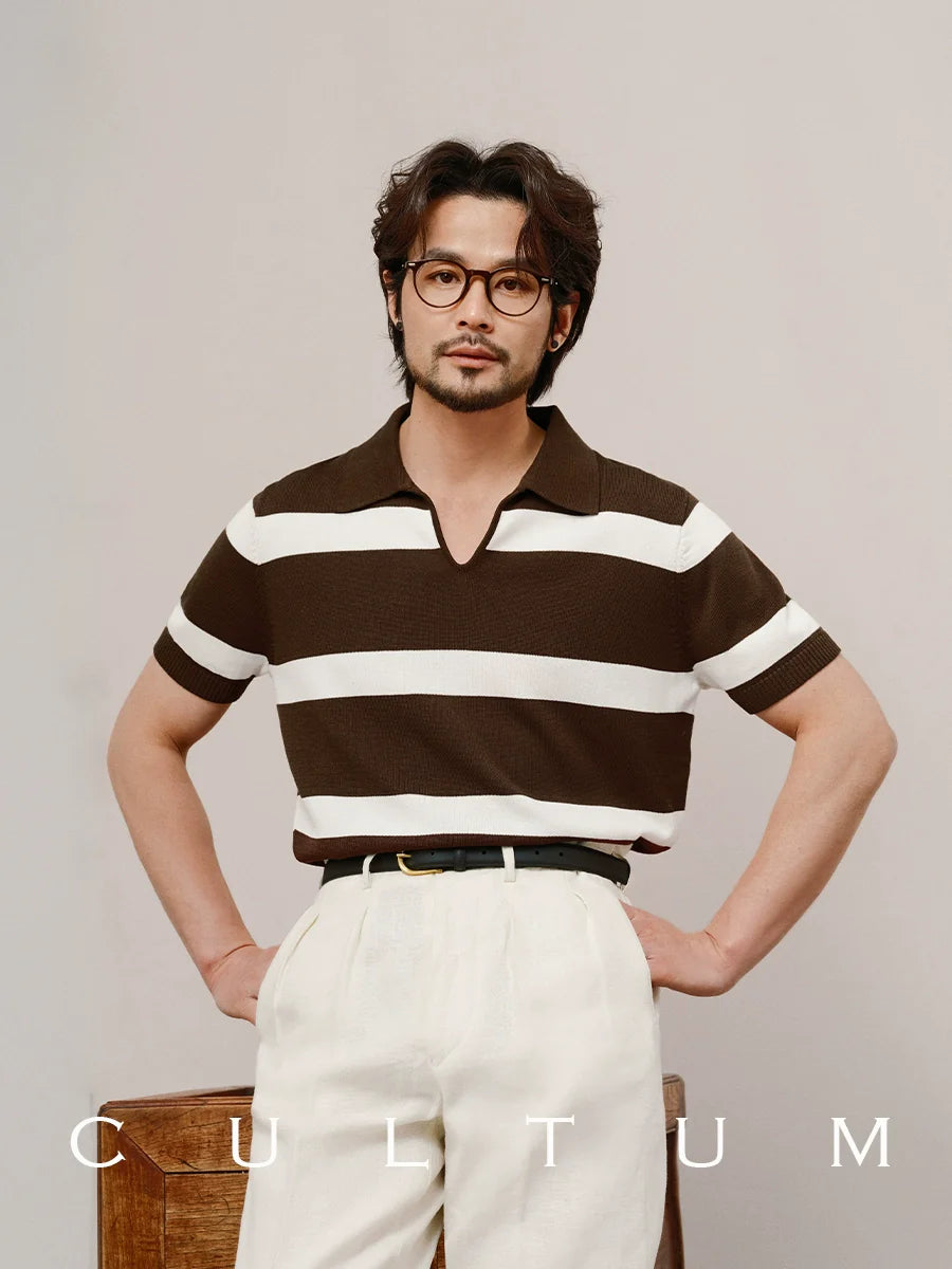 CULTUM Buckle-free Lapel Striped Slim-fit Knitted Short-sleeved Polo Shirt