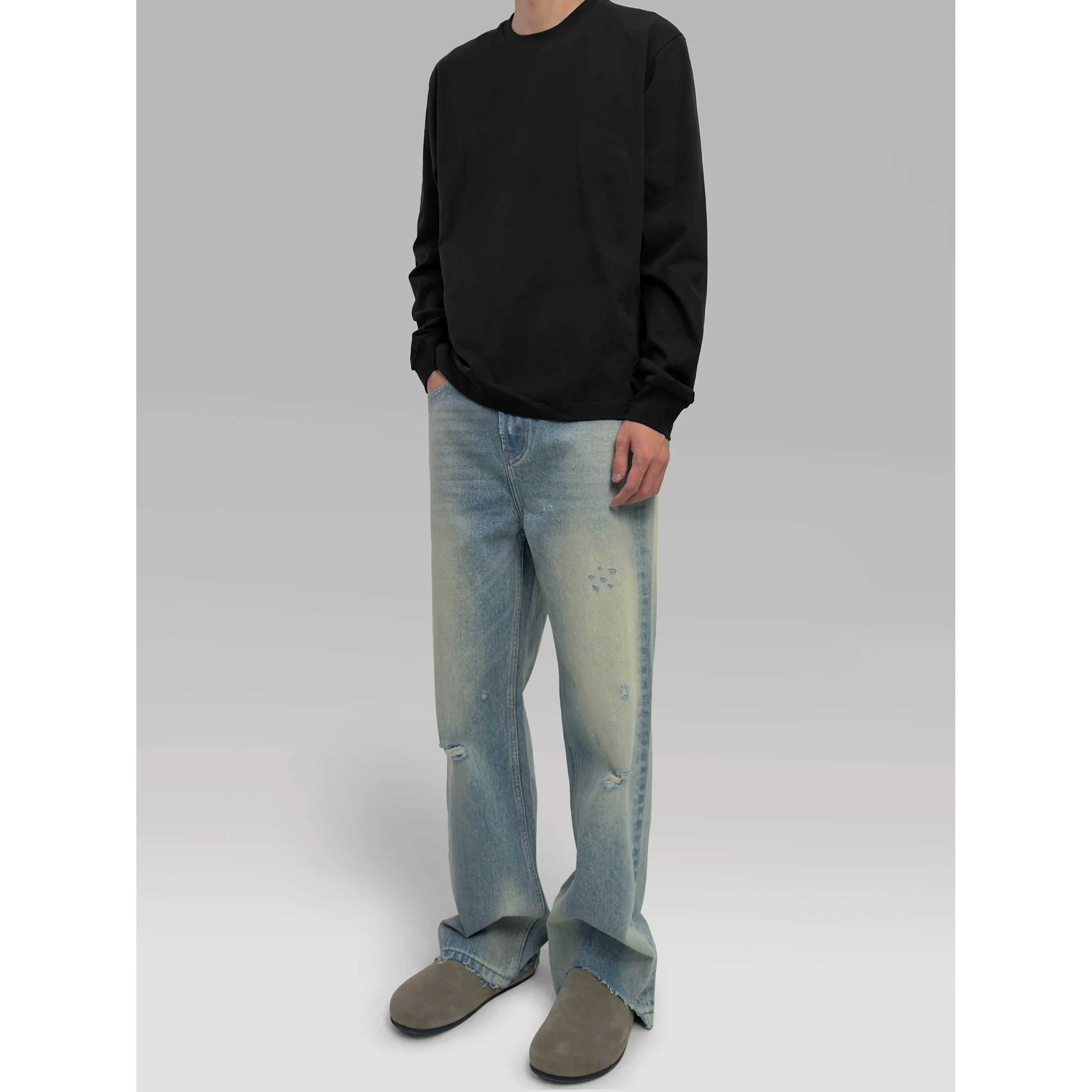 PLUS NO LOGO Damage Rim Removal Straight Tube Micro-pull Jeans