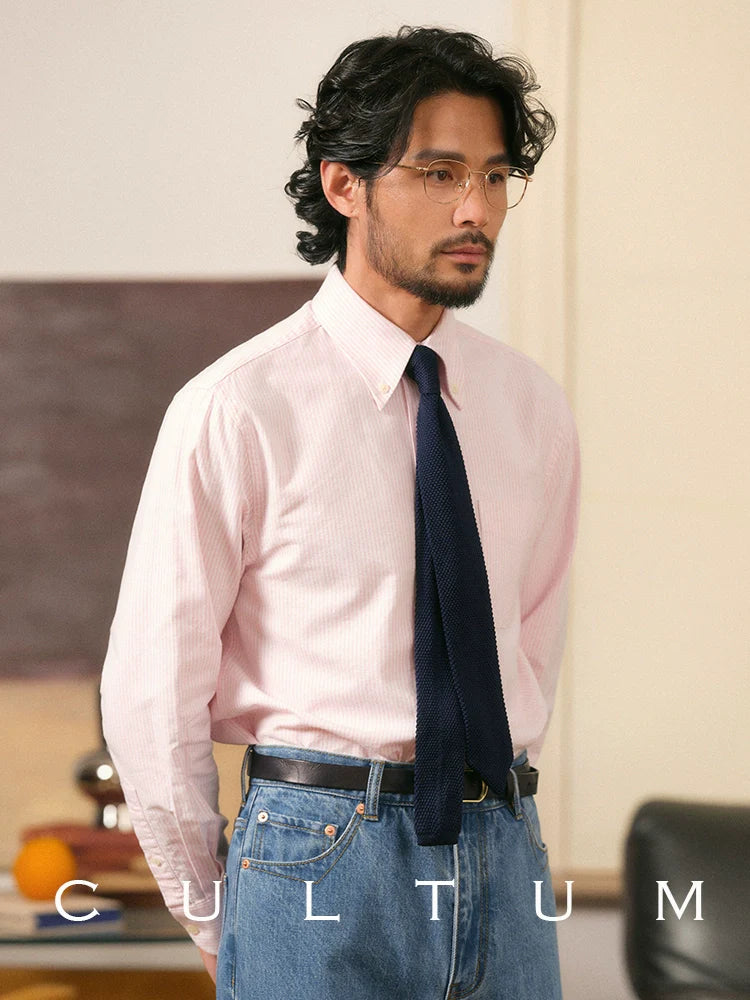 CULTUM Washed Oxford Spun Button-Neck Striped Shirt