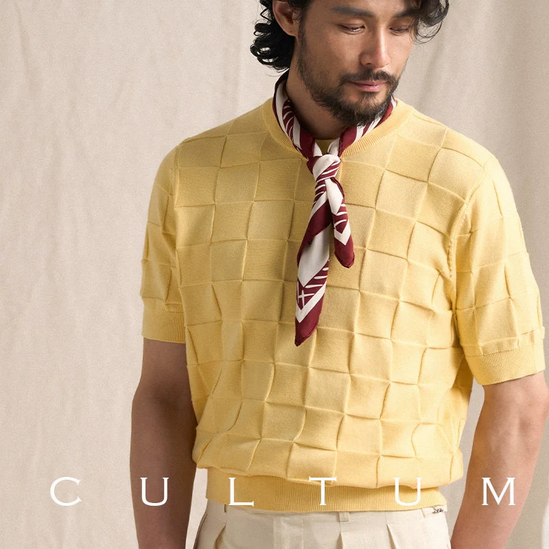 CULTUM Crew Neck Square Checked Short Sleeve Knitted Half Sleeve Tee