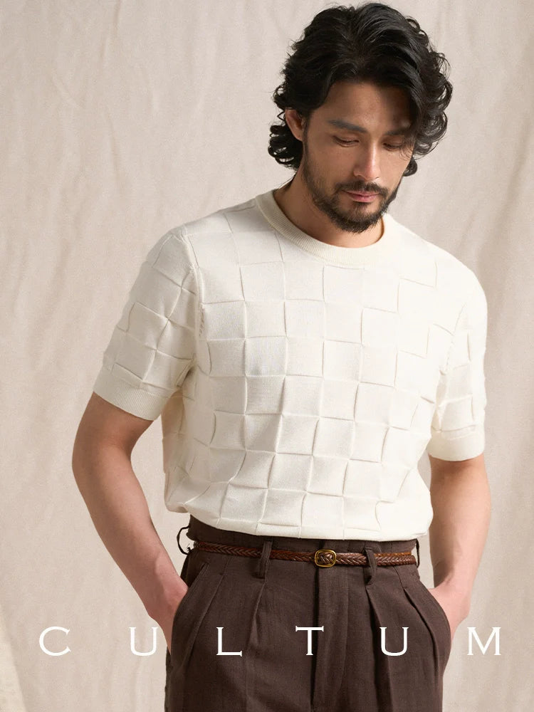 CULTUM Crew Neck Square Checked Short Sleeve Knitted Half Sleeve Tee