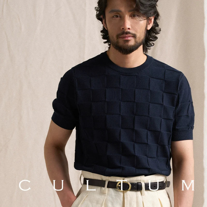 CULTUM Crew Neck Square Checked Short Sleeve Knitted Half Sleeve Tee