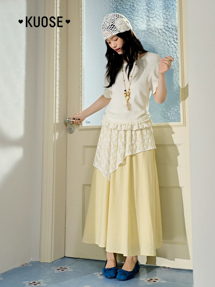 Kuose Skirt French Lace Fart Curtain Long Skirt
