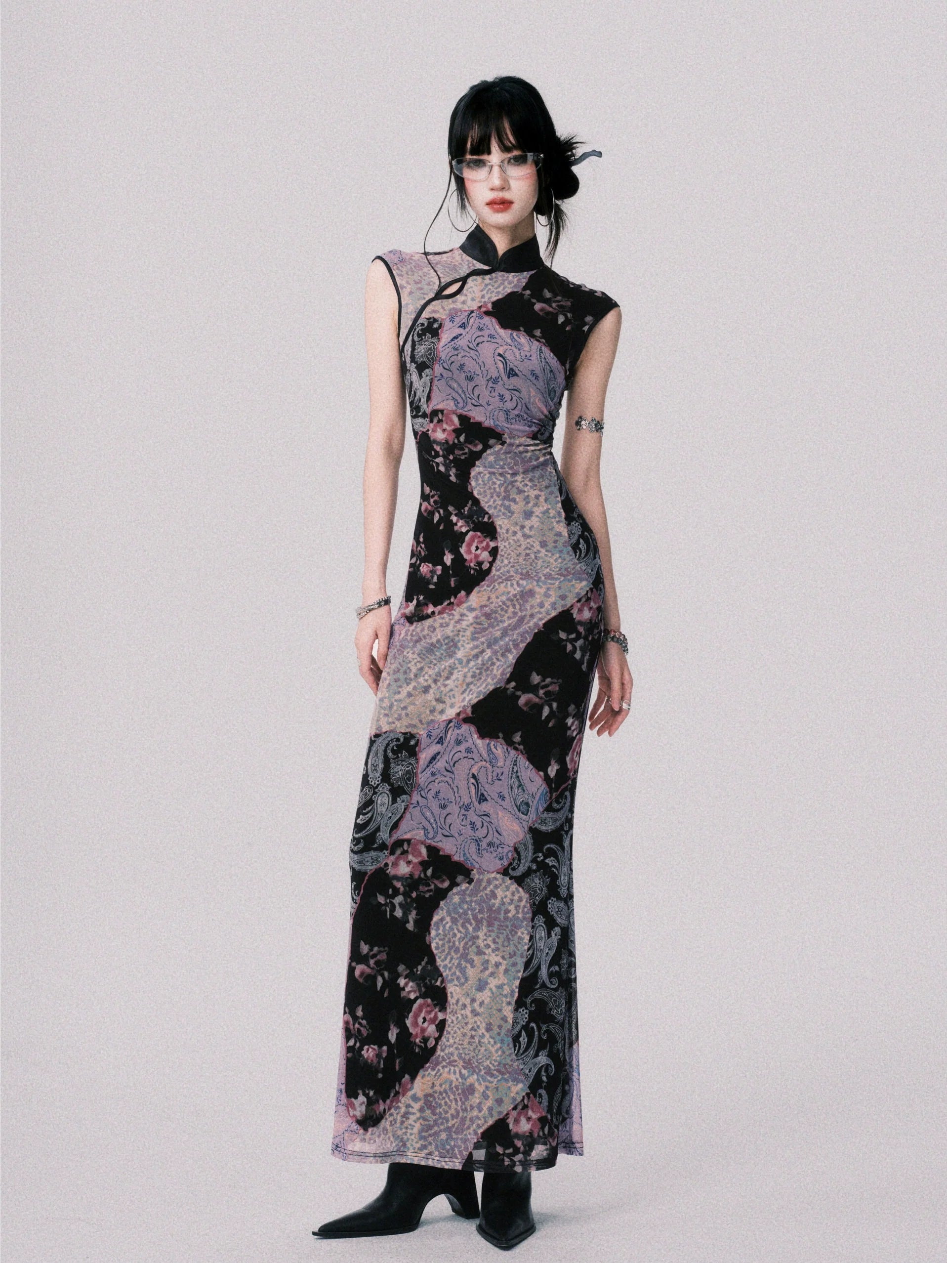 LULUSWINGS Smoked Purple Print Splicing Chinese Cheongsam