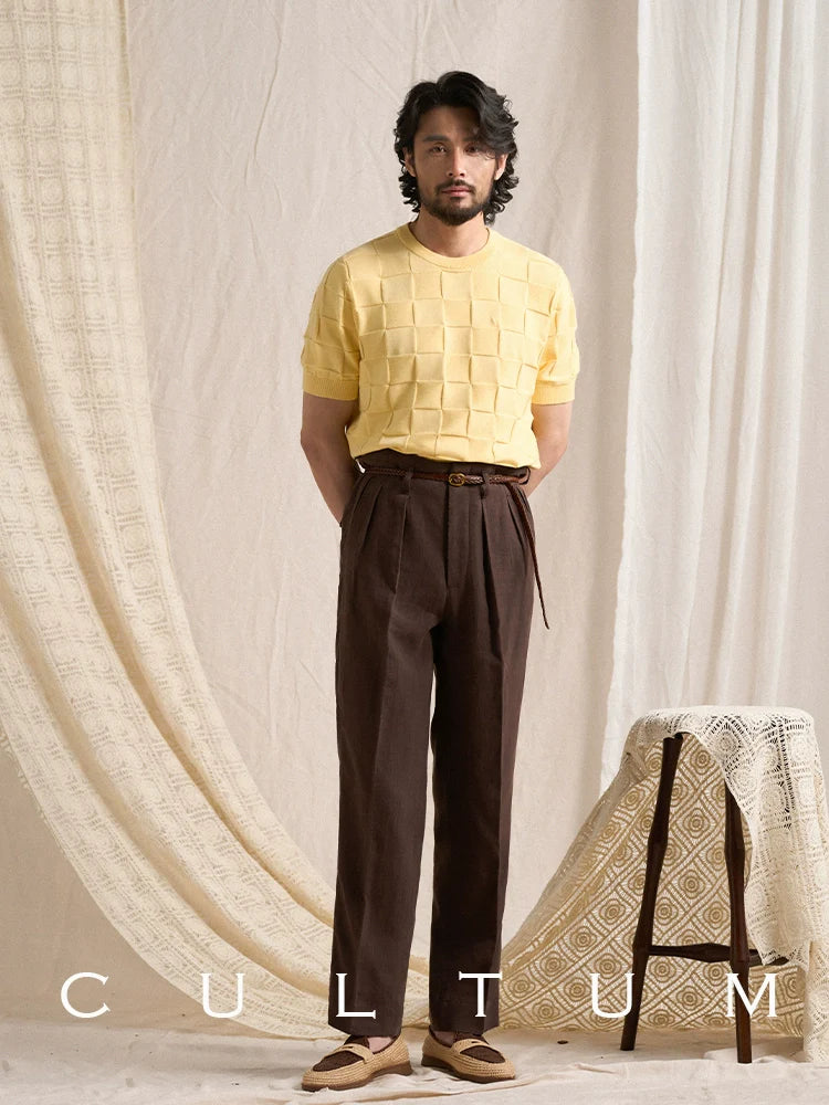 CULTUM Crew Neck Square Checked Short Sleeve Knitted Half Sleeve Tee
