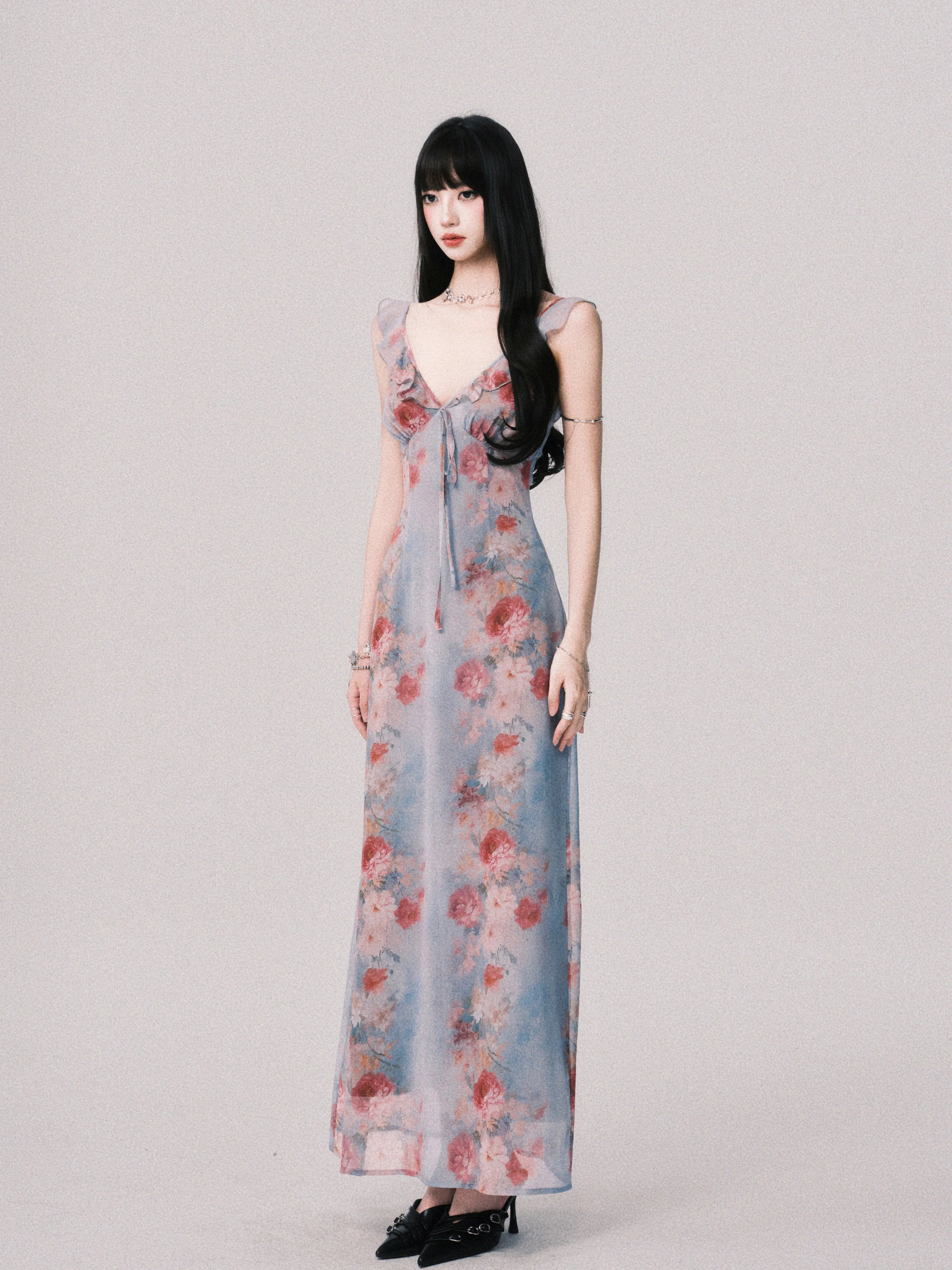 LULUSWINGS Vacation French V-neck Print Suspender Skirt