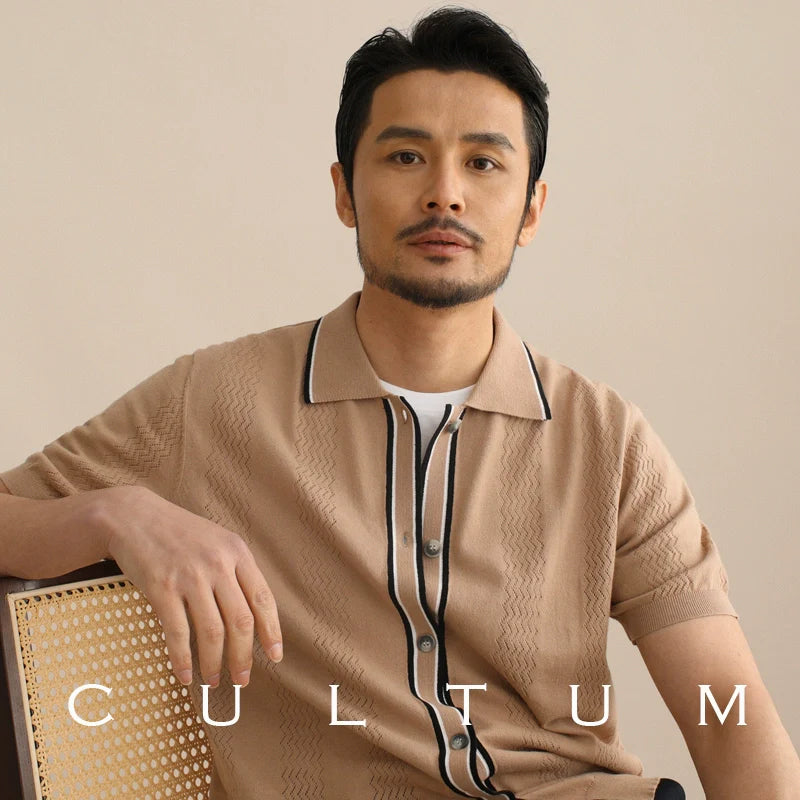 CULTUM Knitted Cutout Lapel Short-sleeved Cardigan