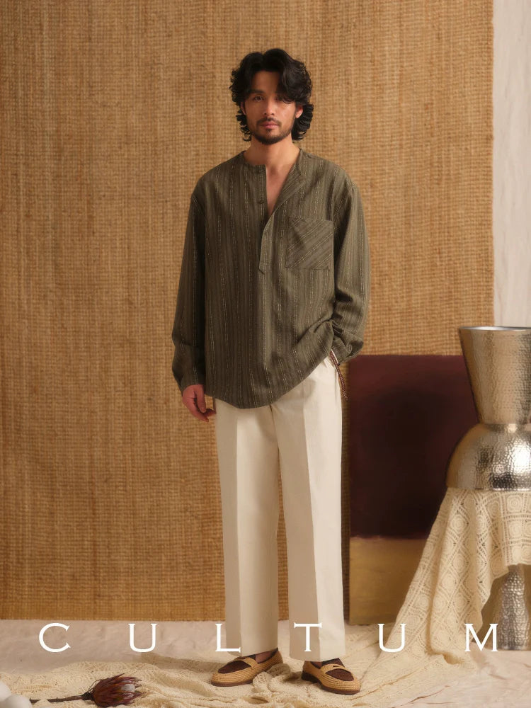 CULTUM Striped Semi-open Collarless Long-sleeved Shirt