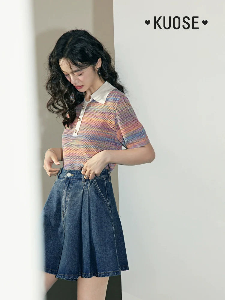 Kuose Rainbow Striped Shirt Knitted Tee