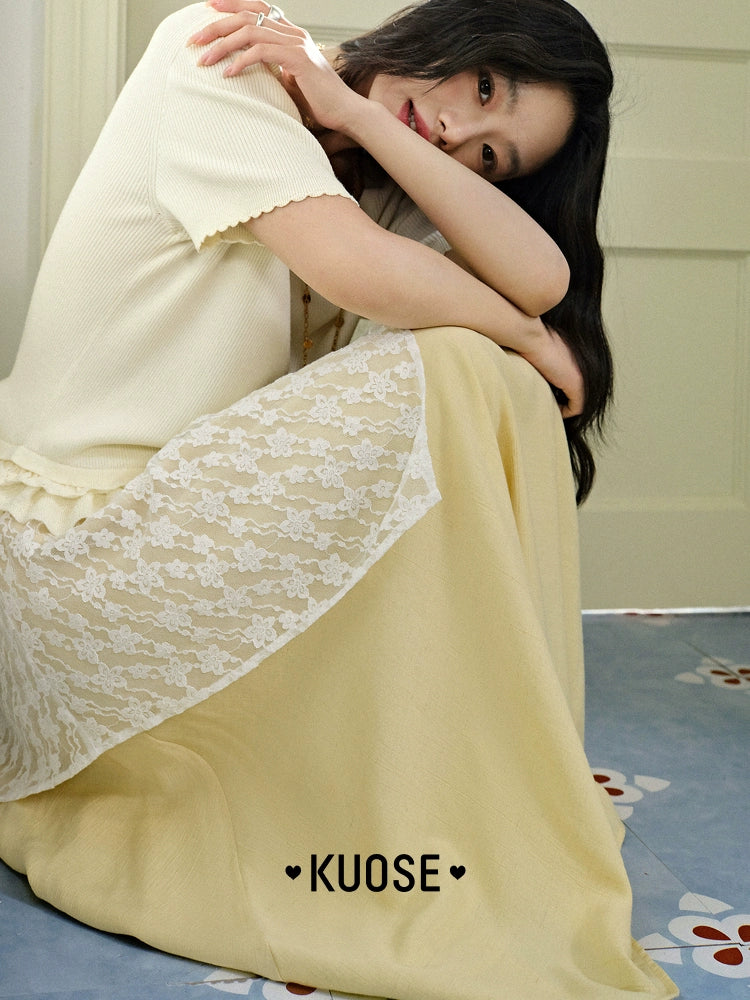 Kuose Skirt French Lace Fart Curtain Long Skirt