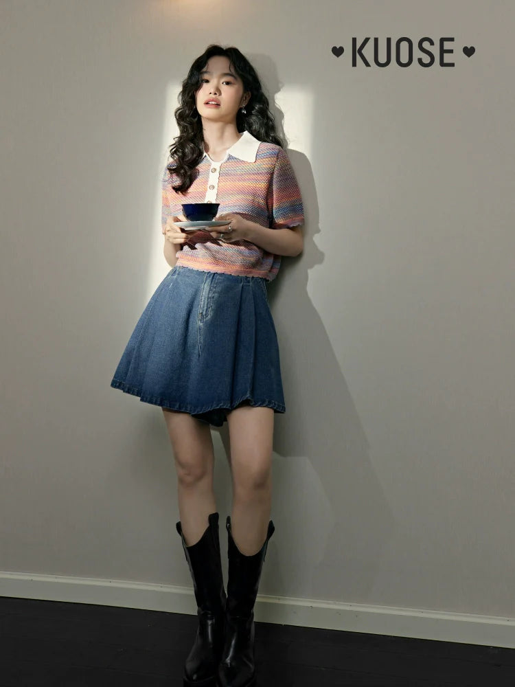 Kuose Rainbow Striped Shirt Knitted Tee