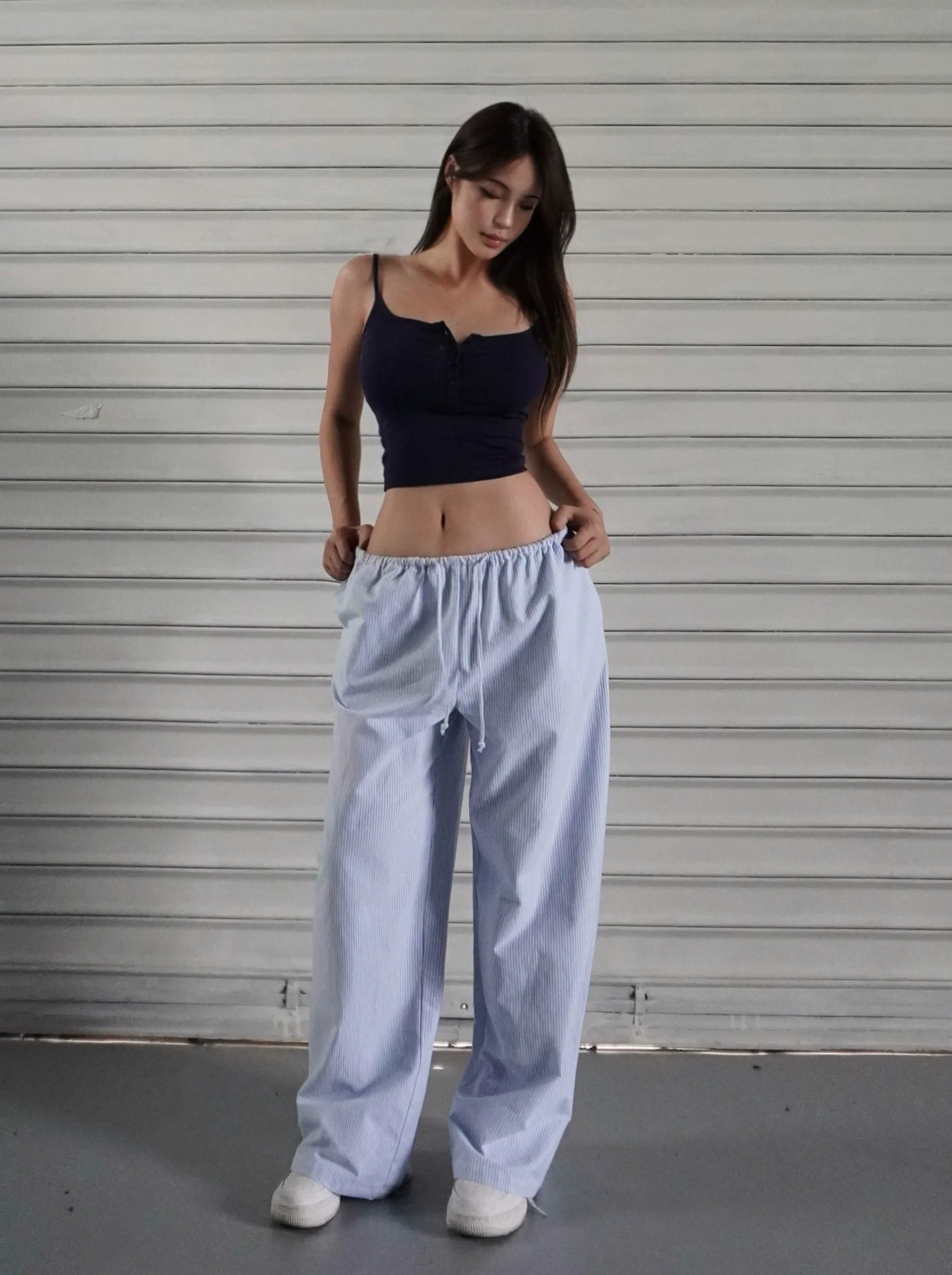 Jim Kennet Blue and White Striped Wide Leg Drawstring Pants