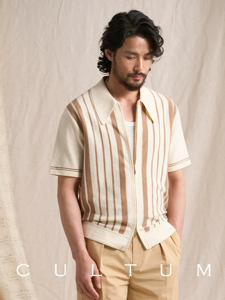 CULTUM Striped Knitted Short Sleeve Cardigan Zip POLO Shirt
