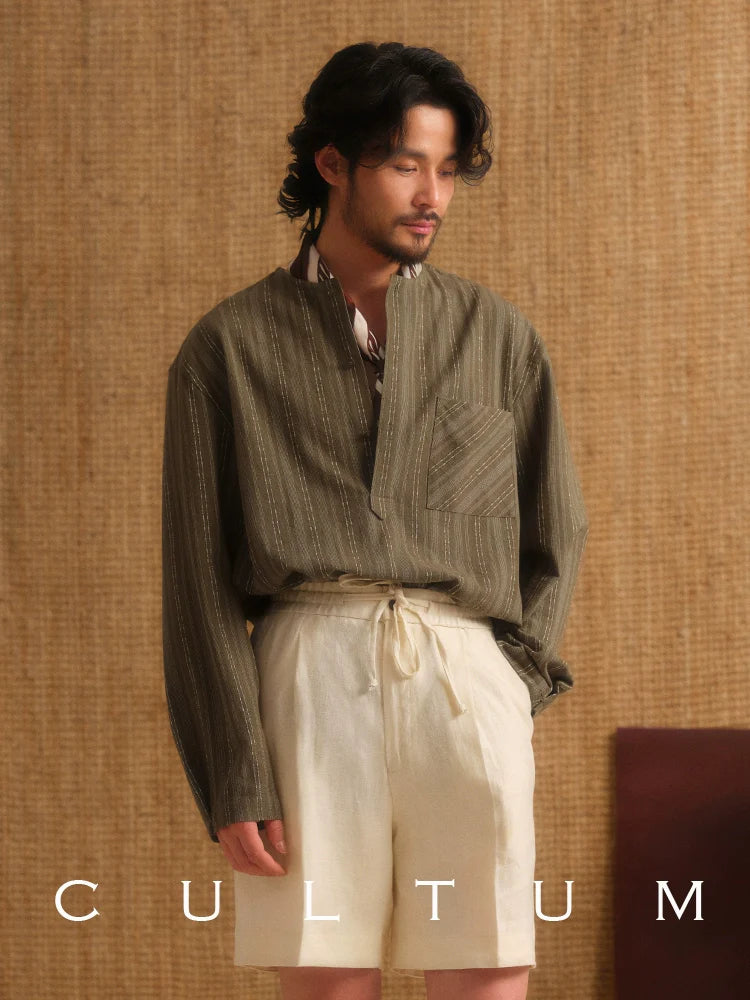 CULTUM Striped Semi-open Collarless Long-sleeved Shirt