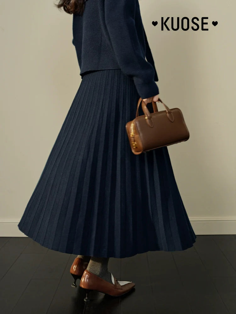 Kuose Navy Collar Top Sweater Knitted Two-piece Set