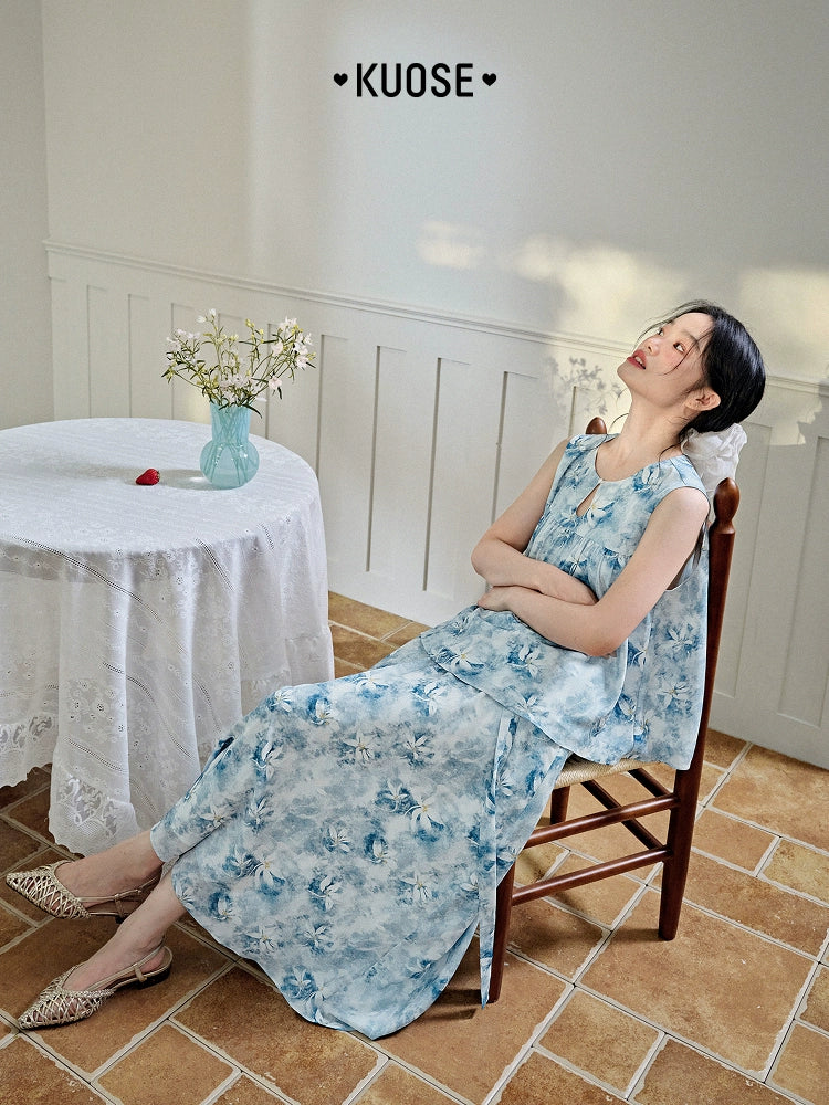 Kuose Floral Sleeveless Vest Top Skirt Two-piece Set