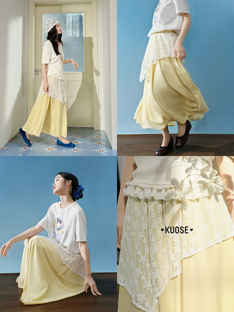 Kuose Skirt French Lace Fart Curtain Long Skirt