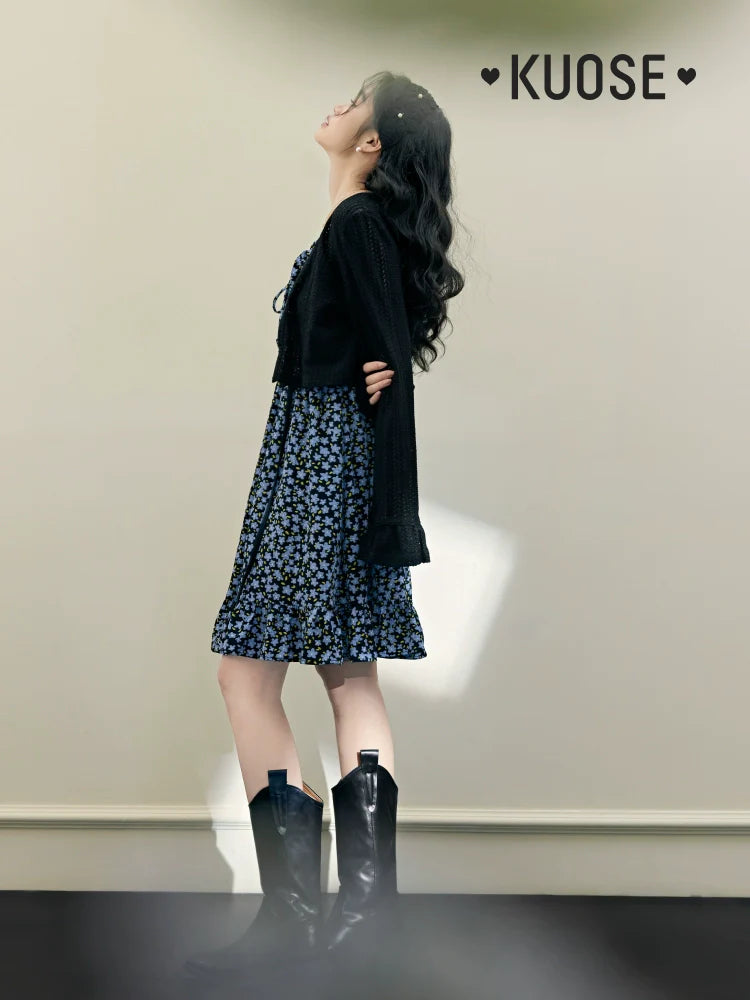 Kuose Floral Suspender Skirt Blue Two-piece Set