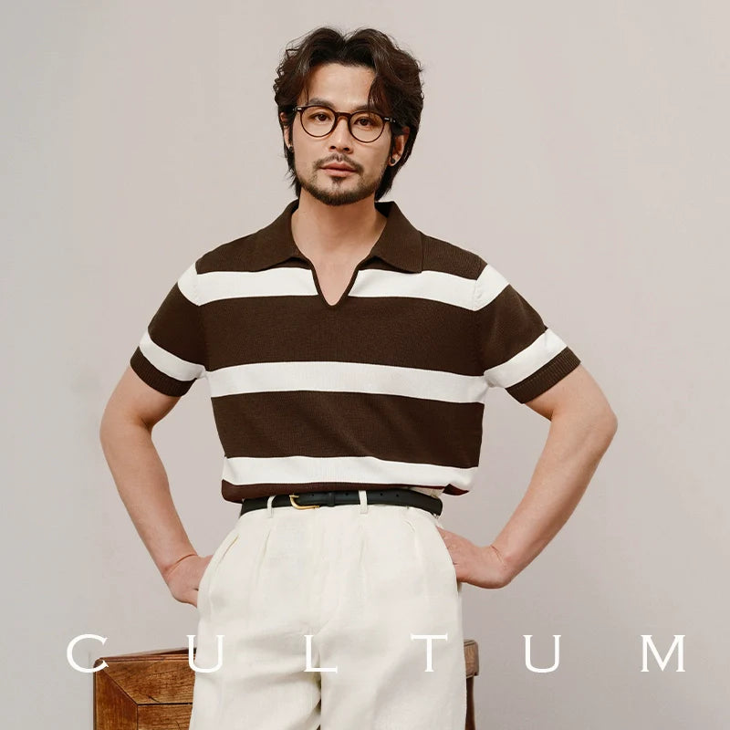 CULTUM Buckle-free Lapel Striped Slim-fit Knitted Short-sleeved Polo Shirt