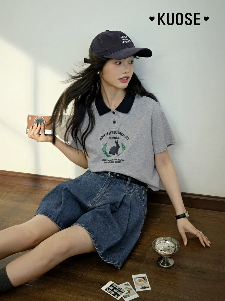 Kuose Rabbit Print Polo Collar Short Tee