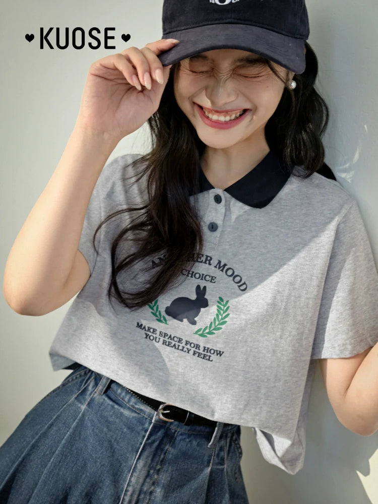 Kuose Rabbit Print Polo Collar Short Tee