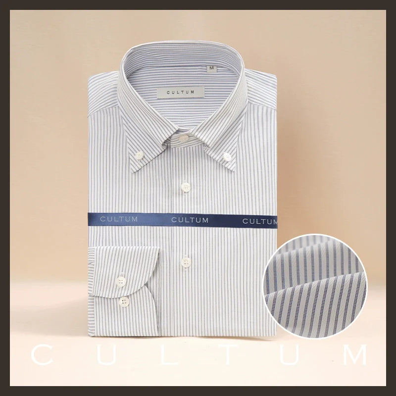 CULTUM Big Tip Neck Button Neck Slim-Fit Striped Shirt