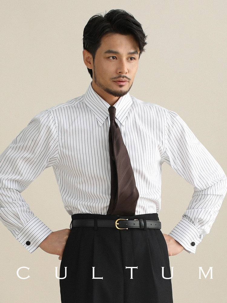 CULTUM Long Pointed Neck Blue Striped Shirt