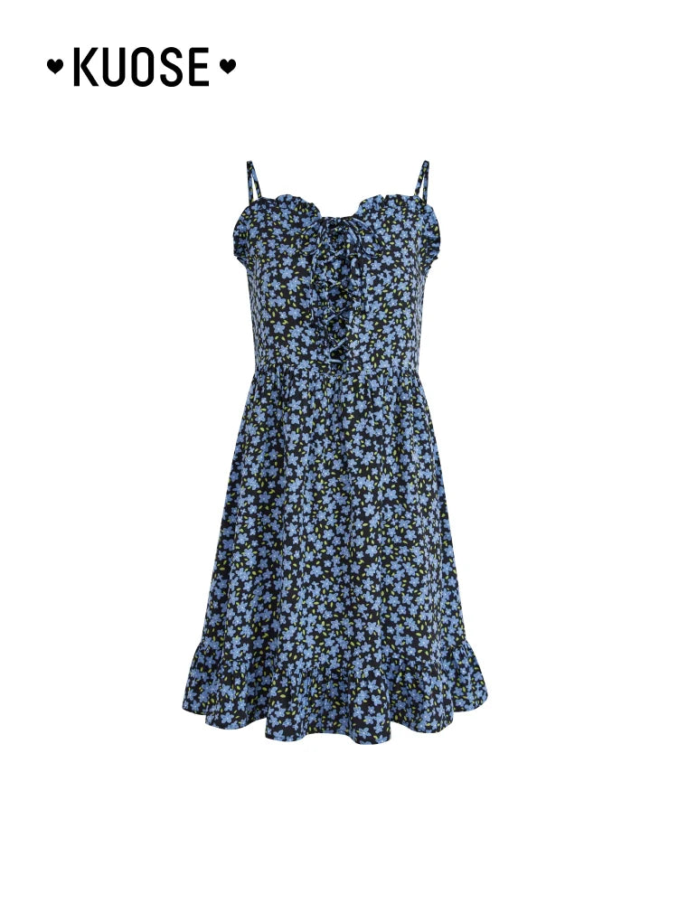 Kuose Floral Suspender Skirt Blue Two-piece Set