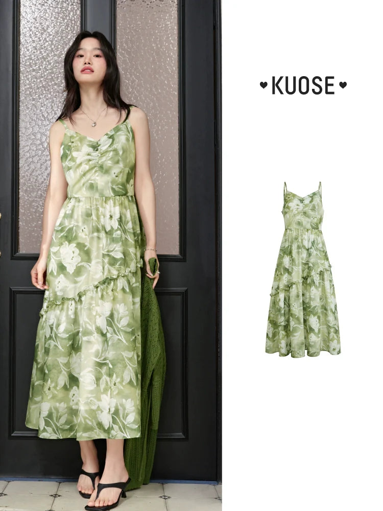Kuose Floral Sleeveless Suspender Dress Cardigan Two-piece Set