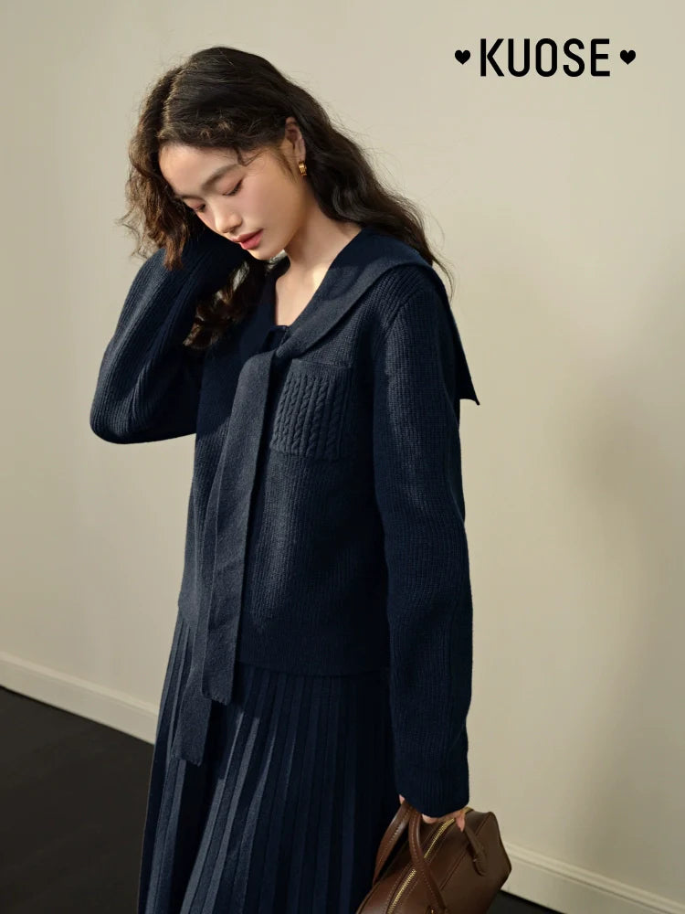 Kuose Navy Collar Top Sweater Knitted Two-piece Set