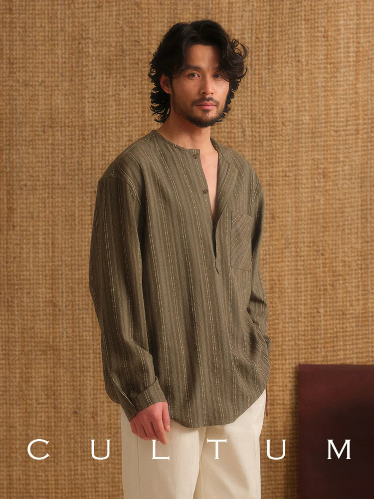 CULTUM Striped Semi-open Collarless Long-sleeved Shirt