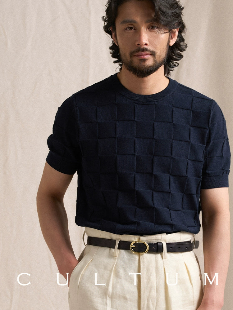 CULTUM Crew Neck Square Checked Short Sleeve Knitted Half Sleeve Tee