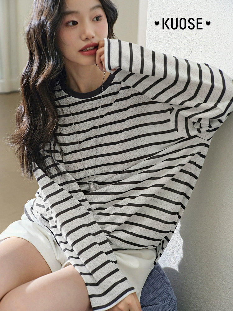 Kuose Long-sleeved Striped Loose Lace Shirt Lazy Blouse