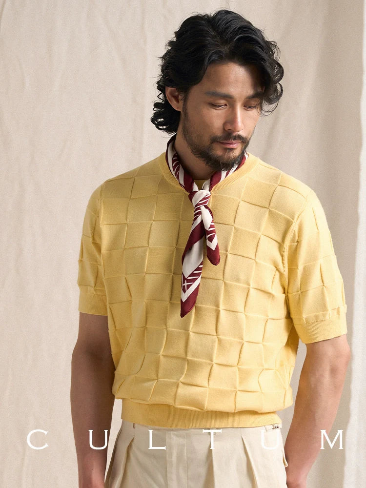 CULTUM Crew Neck Square Checked Short Sleeve Knitted Half Sleeve Tee