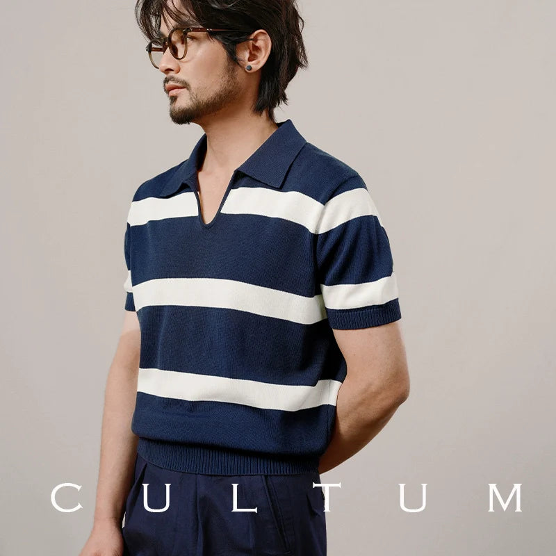 CULTUM Buckle-free Lapel Striped Slim-fit Knitted Short-sleeved Polo Shirt