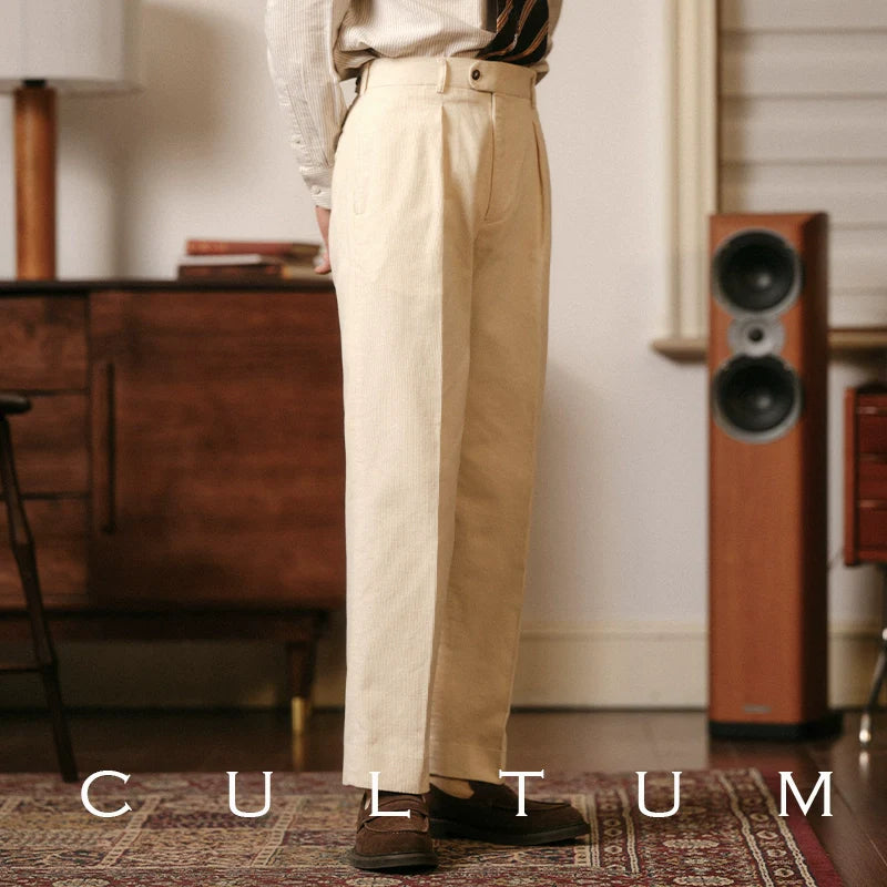 CULTUM Corduroy Vintage Straight High Waist Single Pleated Trousers