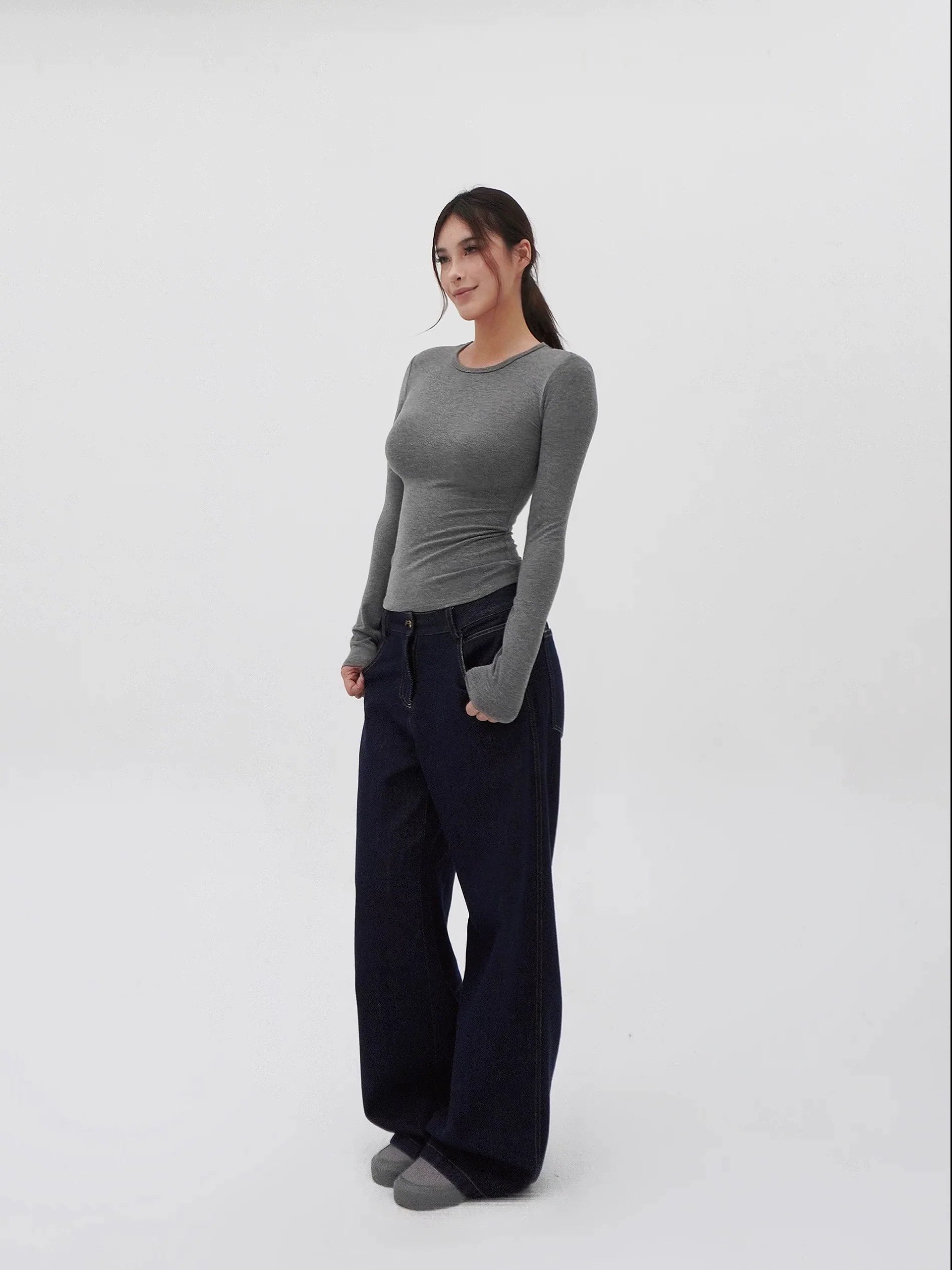Jim Kennet Crew Neck Micro Transparent Shoulder Long Sleeve Bottom Shirt