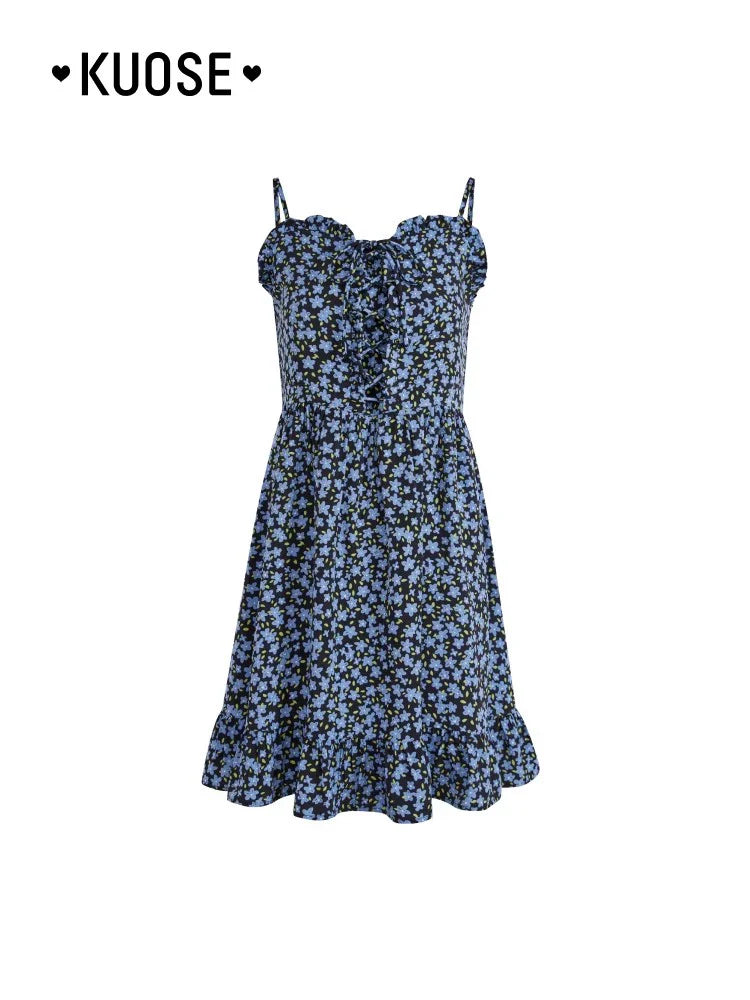 Kuose Floral Suspender Skirt Blue Two-piece Set